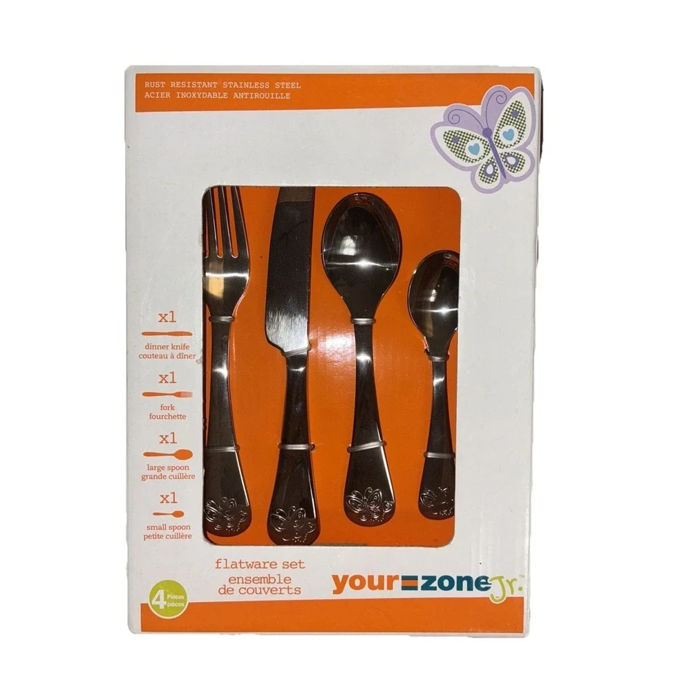 Your Zone Jr Kids Flatware Set Butterfly Stainless Steel 4 Pc NEW